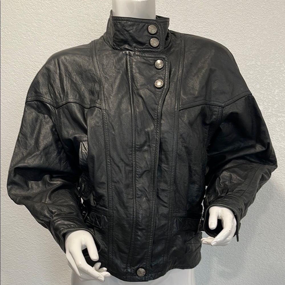 Vintage Wilsons Black Leather Jacket with Button Details